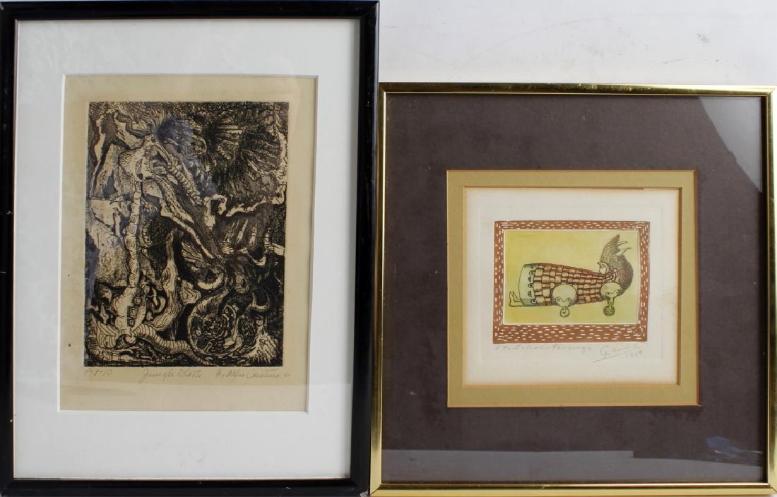 FRAMED ETCHINGS LOT OF TWO: FRAMED ETCHINGS LOT OF TWO To Include one signed etching titled "Extreno Personaje" meaning extreme character, signed with certificate of authenticity, 12" x 12" and one etching titled "Jungle Shorts"
