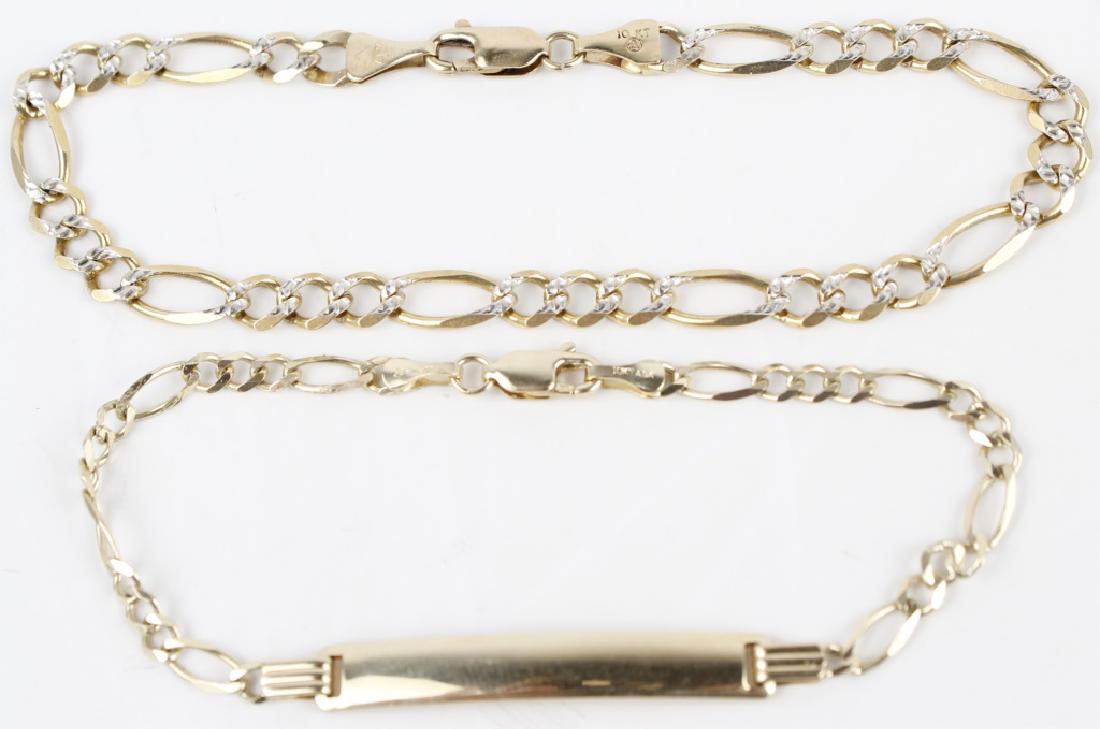 10K YELLOW GOLD FIGARO CHAIN BRACELETS - 2: 10K YELLOW GOLD FIGARO CHAIN BRACELETS - 2 10k yellow gold Figaro chain bracelets to include (1) 7" with 1.5" plaque and (1) 8.25" white and yellow gold 5mm wide Weight: 10.5 g
