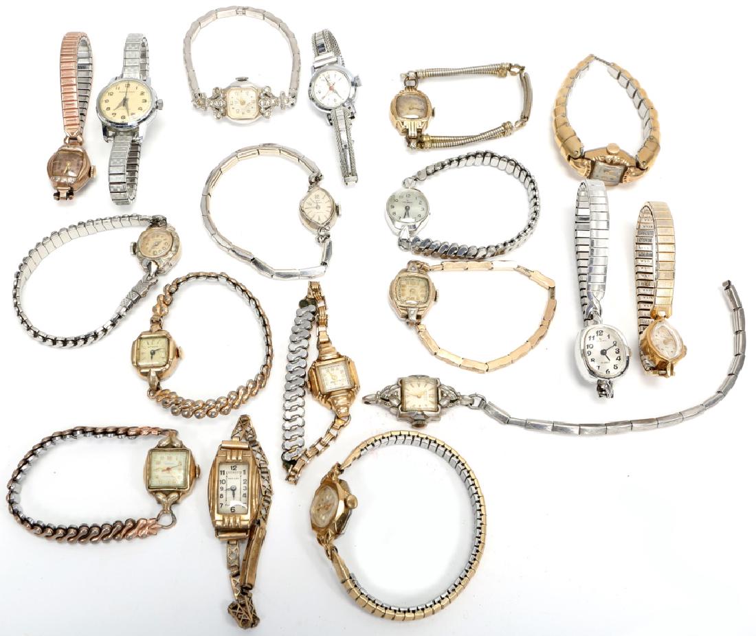 LADIES ANTIQUE WRISTWATCHES - LOT OF 18: LADIES ANTIQUE WRISTWATCHES - LOT OF 18 Mixed lot of ladies wrist watches, makers include: Waltham, Gruen, Nassau, Helbros, Parker, Lucerne, Elgin, Bulova, Wittnauer, Alexander Zenker, and Gem Weight: