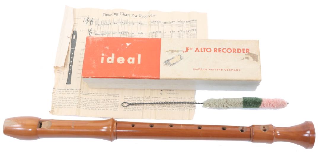 IDEAL WEST GERMAN WOODEN "F" ALTO RECORDER 19": IDEAL WEST GERMAN WOODEN "F" ALTO RECORDER 19" Ideal wooden 3-piece "F" alto recorder with fingering chart, original cleaning brush, and original box. Made in West Germany.