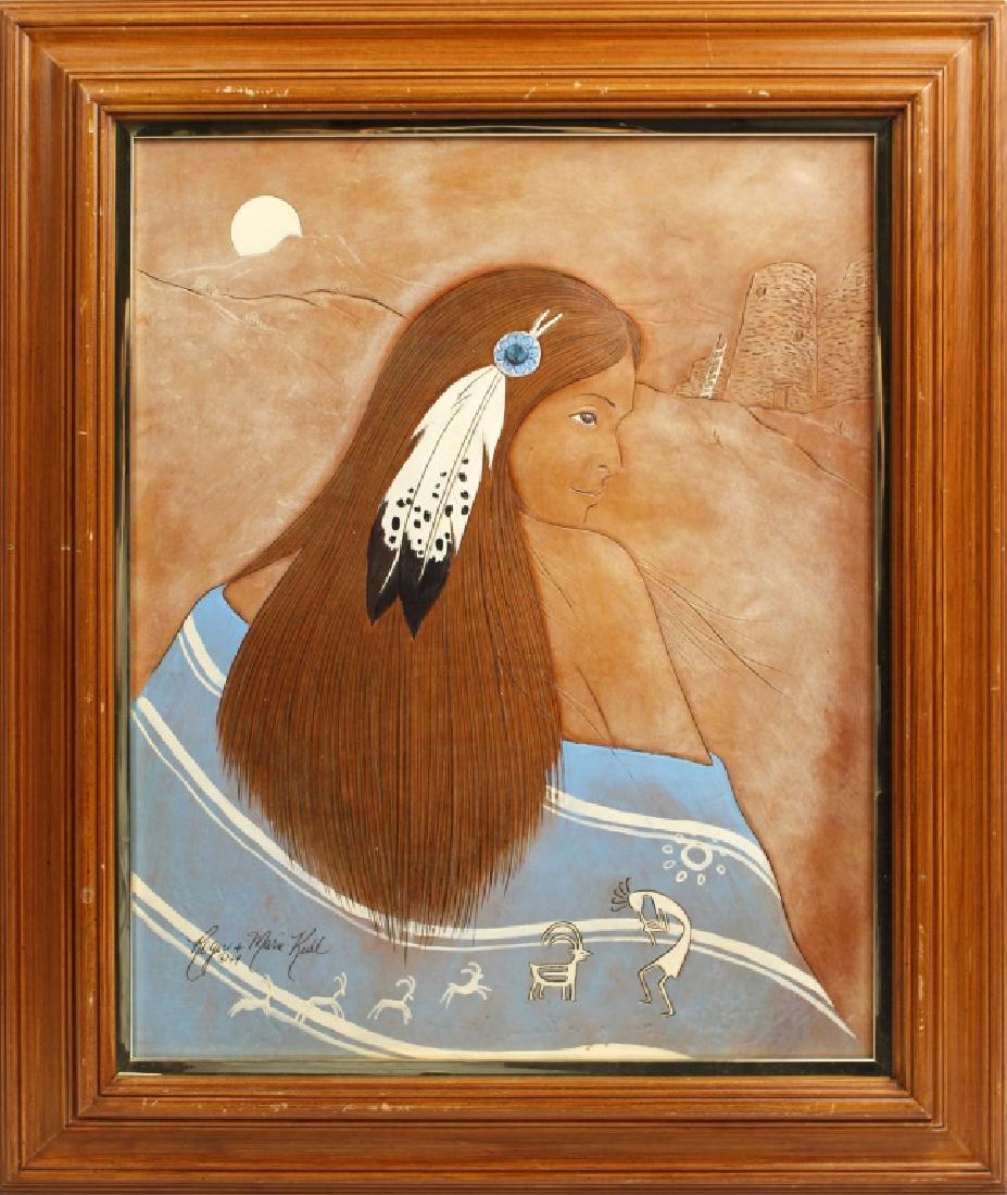 ROGER AND MARIE KULL LEATHER TURQUOISE ARTWORK: ROGER AND MARIE KULL LEATHER TURQUOISE ARTWORK Roger and Marie Kull leather artwork with turquoise embellishments. Navajo girl with light blue feathers and a moon peaking out from behind the rocks. Si