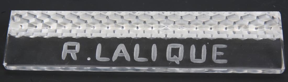 R. LALIQUE FRENCH CUT CRYSTAL PLAQUE: R. LALIQUE FRENCH CUT CRYSTAL PLAQUE Cut glass dealer name plaque for Renee Lalique of France, frosted glass teeth on underside. Size: 7.75"