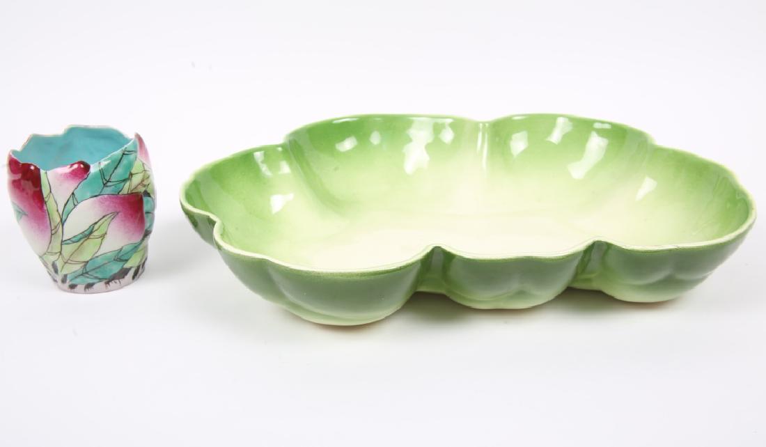1950`S LOS ANGELES POTTERIES EMBOSSED TABLEWARE: 1950`S LOS ANGELES POTTERIES EMBOSSED TABLEWARE 1950's Los Angeles Potteries embossed hors d'oeuvre bowl and heavily embossed floral cup. Size: Bowl 14" long
