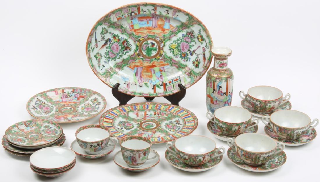 CHINESE PORCELAIN TEA & DINNERWARE 25 PIECES: CHINESE PORCELAIN TEA & DINNERWARE 25 PIECES Chinese porcelain Famille rose tea set & dinnerware - lot of 25. This lot to include a large oval platter, luncheon plate, 7.75" vase, 2 teacups with sauce