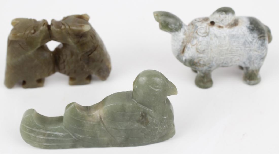 NATURAL GREEN NEPHRITE JADE FIGURINES - LOT OF 3: NATURAL GREEN NEPHRITE JADE FIGURINES - LOT OF 3 Lot three natural green nephrite jade figurines to include: (1) bird 3" x 1.5", (1) elephant 2.75" x 2" and (1) kissing birds 2.5" x 1.5".