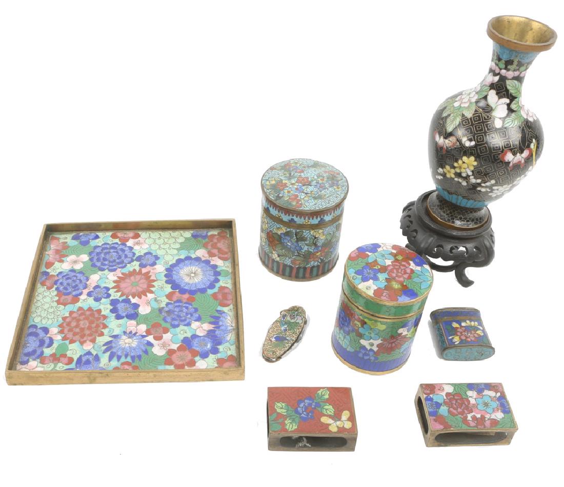 CHINESE CLOISONNE DRESSER ITEMS - LOT OF 8: CHINESE CLOISONNE DRESSER ITEMS - LOT OF 8 Lot of eight Chinese cloisonne items, to include: a pocket knife, two matchbox cases, one vase with wood stand, one plate, two lidded cups, and one lidded ma