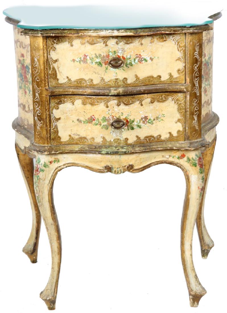 EUROPEAN STYLE FLORAL PAINTED SIDE TABLE: EUROPEAN STYLE FLORAL PAINTED SIDE TABLE Modern floral and gold gilt side table with mirror top. Size: 23 x 18 x 12"