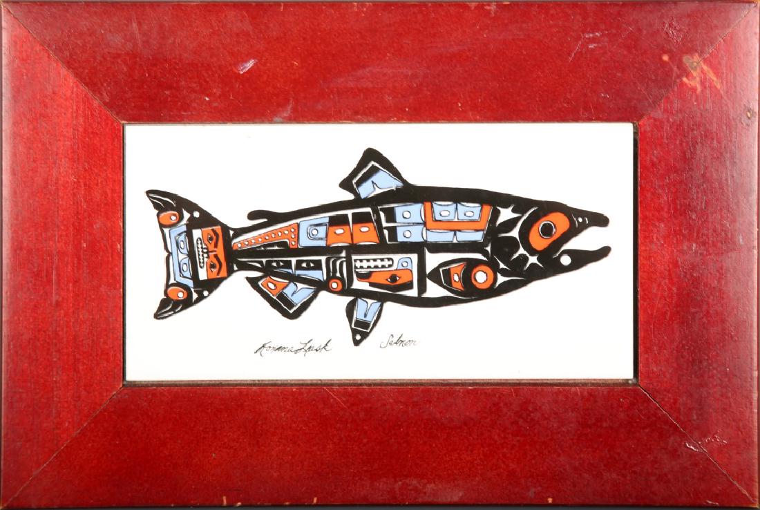 ROXANA LEASK SALMON NATIVE AMERICAN CERAMIC TILE: ROXANA LEASK SALMON NATIVE AMERICAN CERAMIC TILE Roxana Leask (1961-Present, American) Salmon Native American framed ceramic tile. Size: Tile 8 X 4", Frame 7.5 X 11.5"
