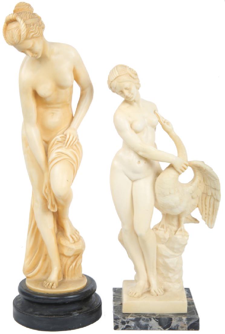 A. SANTINI FEMALE RESIN SCULPTURES - LOT OF 2: A. SANTINI FEMALE RESIN SCULPTURES - LOT OF 2 Lot of two A. Santini Italian statuary figurines, one of female leaning over and one of woman and swan. Each stamped on underside. Size: 12.5 to 15"