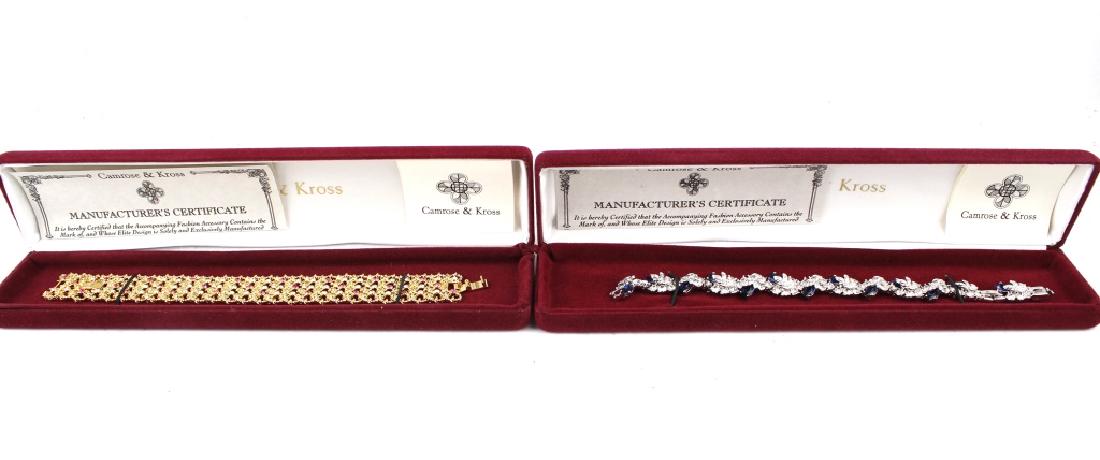 CAMROSE & KROSS JACKIE KENNEDY BRACELETS NIB: CAMROSE & KROSS JACKIE KENNEDY BRACELETS NIB Lot of two pairs of ladies Camrose and Kross bracelets, each a part of the Jacqueline Bouvier Kennedy collection. One silver tone with blue stone and CZ ac
