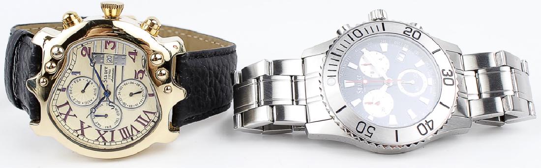 MEN`S STAUER CHRONOGRAPH WRISTWATCHES - LOT OF 2: MEN`S STAUER CHRONOGRAPH WRISTWATCHES - LOT OF 2 Lot of two Stauer chronograph wrist watches, one dress wristwatch gold tone on black leather, and one steel on steel Swiss Dive with blue dial. Each ac