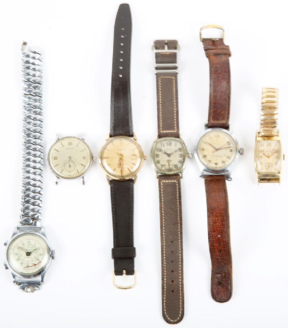 20TH CENTURY MEN`S WRISTWATCHES - LOT OF 6: 20TH CENTURY MEN`S WRISTWATCHES - LOT OF 6 Mixed lot of men's wrist watches, to include: Sheffield telemeter, Waltham art deco, Movado dress, Nassau pilot, Lord Elgin tank, and Bulova self winding. We