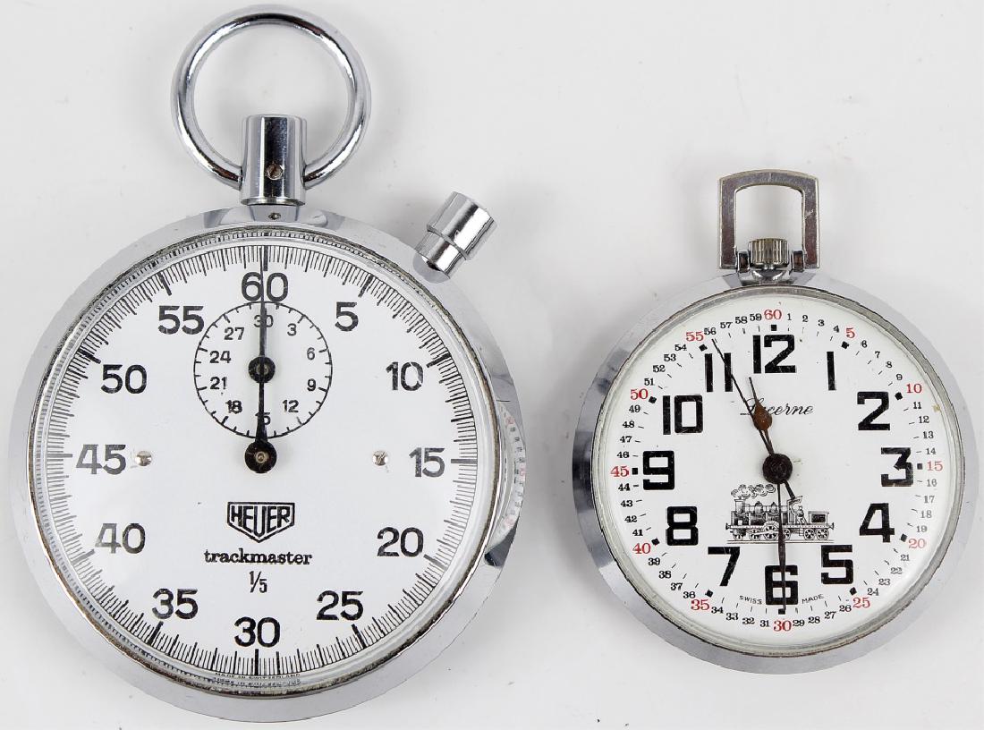 STOP WATCH & POCKET WATCH - HEUER, LUCERNE: STOP WATCH & POCKET WATCH - HEUER, LUCERNE Lot includes: a Heuer Trackmaster 1/5 stopwatch, and a Lucerne Railroad motif pocketwatch. Weight: 108.2 grams