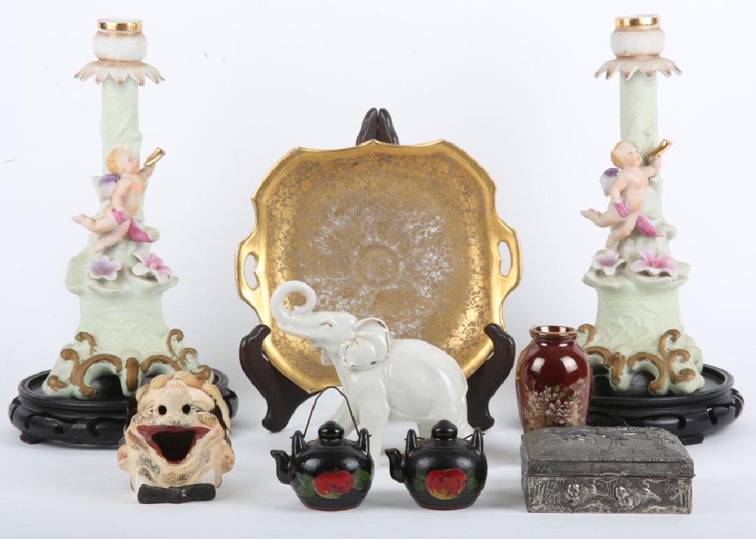 JAPANESE ORNATE JEWELRY BOX & MORE - LOT OF 11: JAPANESE ORNATE JEWELRY BOX & MORE - LOT OF 11 Japanese estate items - Tilso Ceramic mask, two Occupied Japan porcelain cherub candlestick holders, Porcelain Elephant statue, two wooden display stands