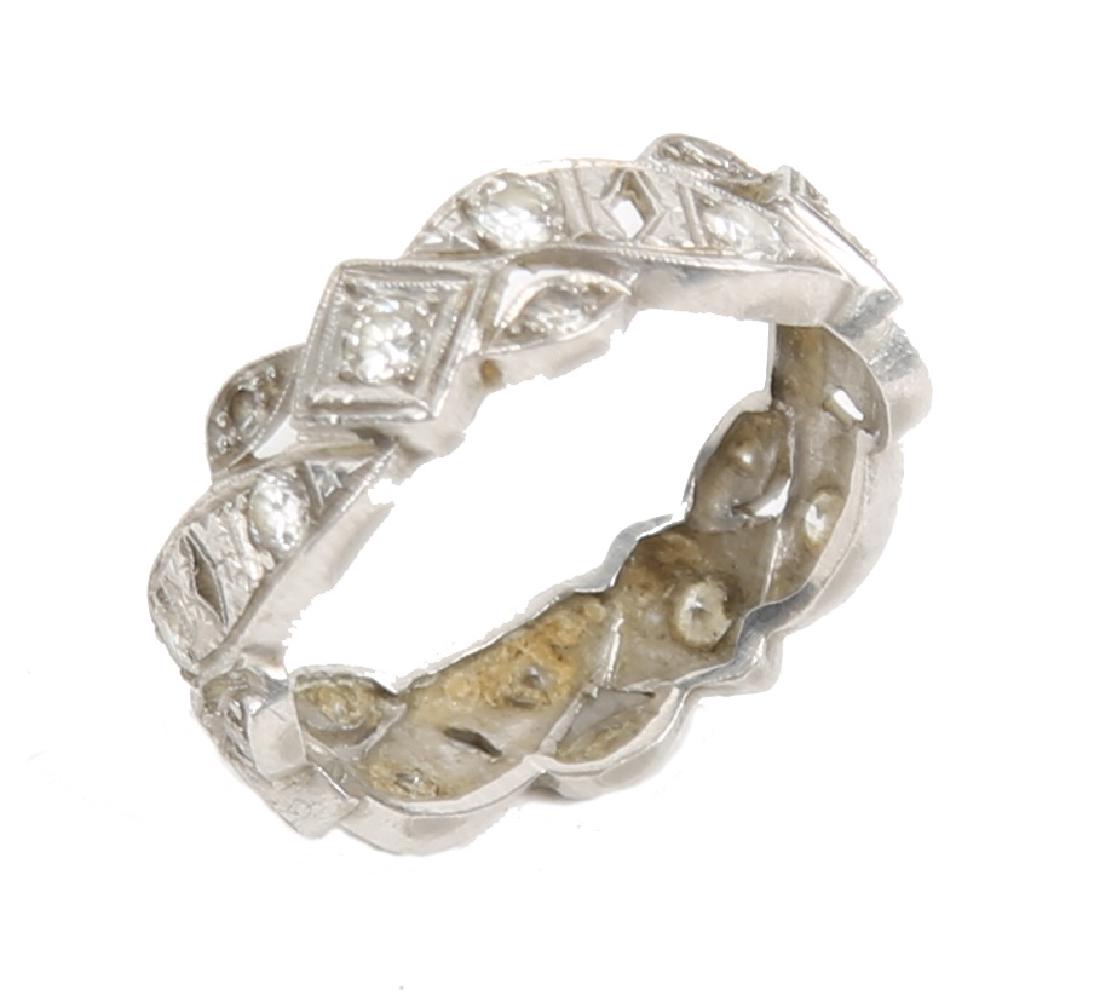 LADIES 18K WHITE GOLD DIAMOND ART DECO RING: LADIES 18K WHITE GOLD DIAMOND ART DECO RING Ladies antique diamond band in 18k white gold, featuring approximately .36ct in full cut white diamonds. Weight: 5.5 grams Size: 9