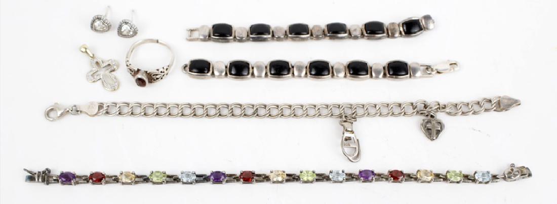 STERLING SILVER JEWELRY LOT - BRACELTS, RING ETC.: STERLING SILVER JEWELRY LOT - BRACELTS, RING ETC. Lot of assorted Sterling silver Jewelry to include: (3) sterling bracelets with gemstones, (1) garnet ring, (1) pair cz earrings, (1) cross necklace. 