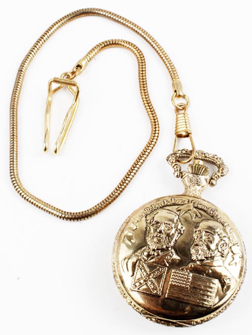 GOLD TONE COMMEMORATIVE POCKET WATCH: GOLD TONE COMMEMORATIVE POCKET WATCH Gold tone commemorative Civil War pocket watch. Robert E. Lee and Gen. George Mead faces, 1863 Battle of Gettysburg scene on reverse. National Commemorative archiv