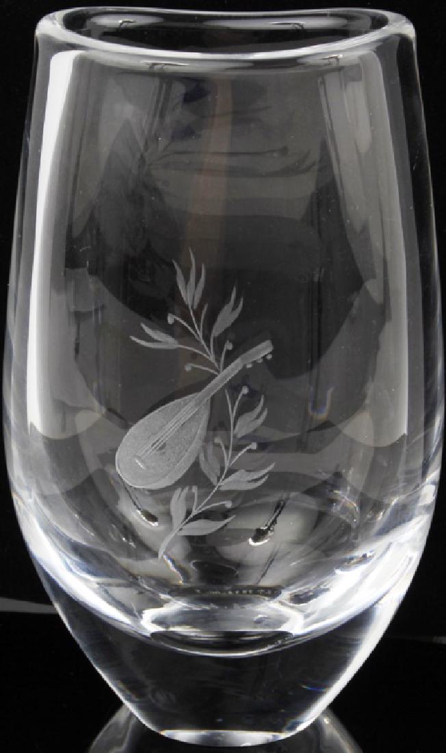 ORREFORS GLASS MANDOLIN ETCHED VASE: ORREFORS GLASS MANDOLIN ETCHED VASE Orrefors glass mandolin etched vase. signed on base. Size: 6" x 3.5"