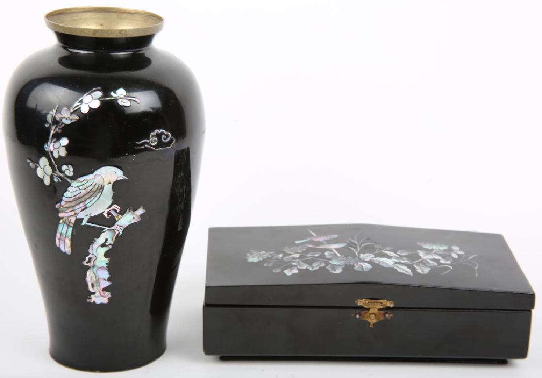 JAPANESE PAINTED LACQUER MOP JEWELRY BOX & VASE: JAPANESE PAINTED LACQUER MOP JEWELRY BOX & VASE Japanese black painted lacquer mother-of-pearl jewelry box and vase. Vase is lacquer over brass and the box is over wood. Both depict song birds on bran