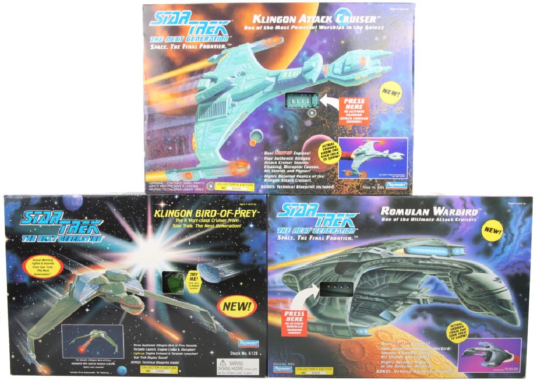 STAR TREK NEXT GENERATION SHIPS - LOT OF 3: STAR TREK NEXT GENERATION SHIPS - LOT OF 3 Lot of three 1993 Star Trek Next Generation toys, to include: Romulan Warbird 6154, Klingon Bird of Prey 6128, and a Klingon Attack Cruiser 6155.