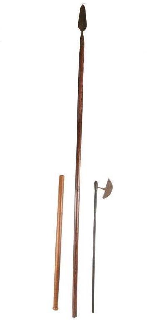 WOODEN CLUB, PRIMITIVE AXE, SPEAR - LOT OF 3: WOODEN CLUB, PRIMITIVE AXE, SPEAR - LOT OF 3 Includes: one spear with iron tip, one primitive axe with iron head, and one club / baton. Size: 30 to 78"