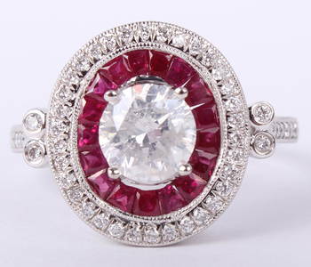 LADIES .950 PLATINUM RUBY & DIAMOND RING