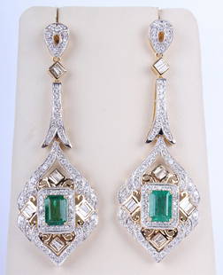 LADIES 18K WHITE GOLD EMERALD & DIAMOND EARRING: LADIES 18K WHITE GOLD EMERALD & DIAMOND EARRING Ladies two tone 18k white and yellow gold custom made diamond and green emerald earrings. Earring pair features two 1.62ct Natural Beryl rectangular