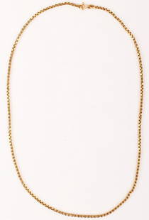 18K YELLOW GOLD LADIES BOX CHAIN NECKLACE: 18K YELLOW GOLD LADIES BOX CHAIN NECKLACE 18k yellow gold ladies box chain necklace. Spring ring clasp. Weight: 18.9 Grams Size: 20"