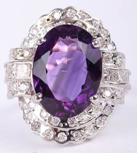 LADIES 14K WHITE GOLD AMETHYST & DIAMOND RING