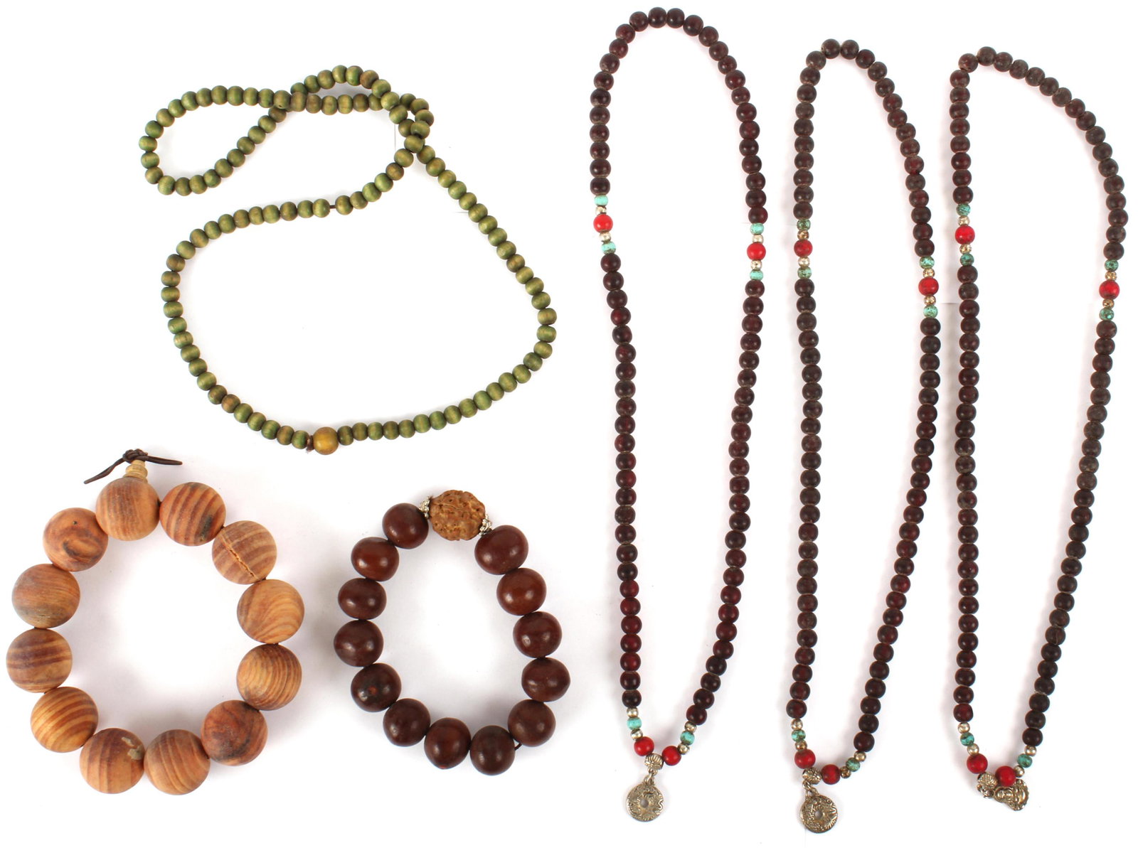CHINESE WOOD BEADED NECKLACES & BRACELETS - 6: CHINESE WOOD BEADED NECKLACES & BRACELETS - 6 Chinese wood beaded necklaces and bracelets - lot of 6. Green and Burgundy necklaces and brown wood bracelets.