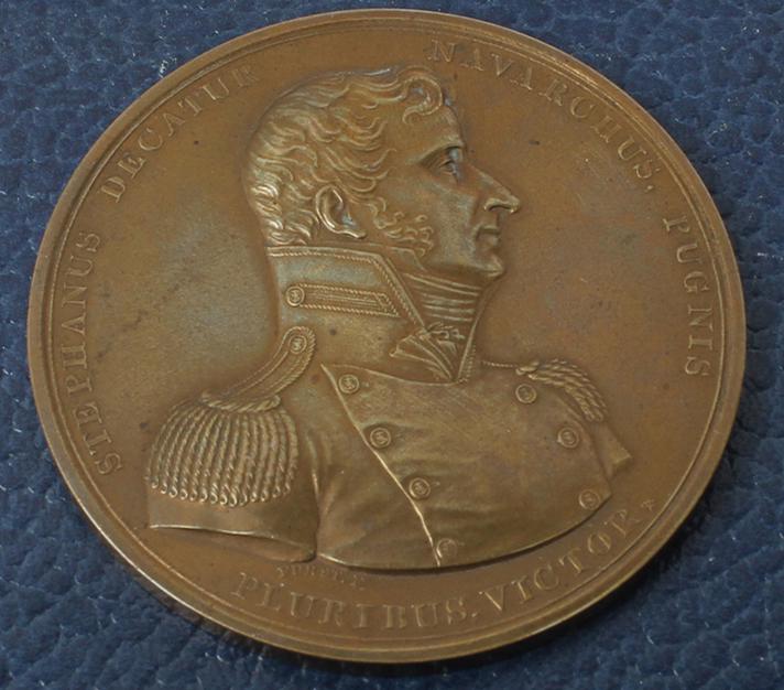 CAPTAIN STEPHEN DECATUR 1881 RESTRIKE MEDAL: CAPTAIN STEPHEN DECATUR 1881 RESTRIKE MEDAL War of 1812 bronze medal, the 1881 re strike depicting U.S. Naval Captain Stephen Decatur (1779 - 1820). 65 mm diameter, approximately 128 grams in weight. 