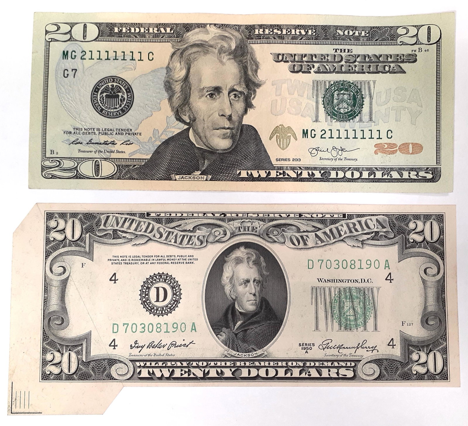 1950 & 2013 $20 DOLLAR VF ERROR NOTES - LOT OF 2: 1950 & 2013 $20 DOLLAR VF ERROR NOTES - LOT OF 2 1950 & 2013 $20.00 error notes - lot of 2. 1950A $20 dramatic cutting error and 2013 $20.00 stuck digit error.