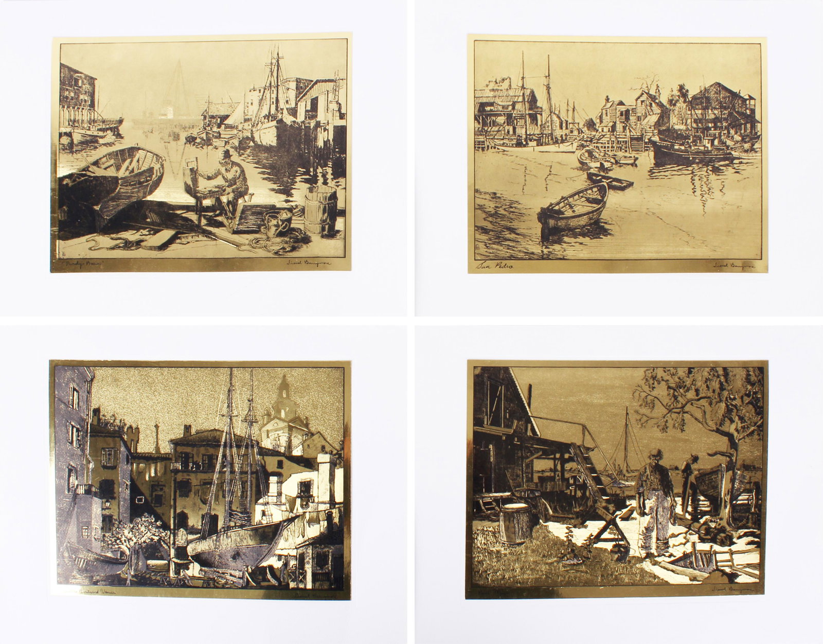 LIONEL BARRYMORE GOLD ETCHINGS - LOT OF 4: LIONEL BARRYMORE GOLD ETCHINGS - LOT OF 4 Lionel Barrymore (1878 - 1954, American) Golden etchings; "Purdy's Basin", "San Pedro", "Point Mugu", and "Little Boatyard Venice". Size: 6 X 7.5", 10.5 X 8" 