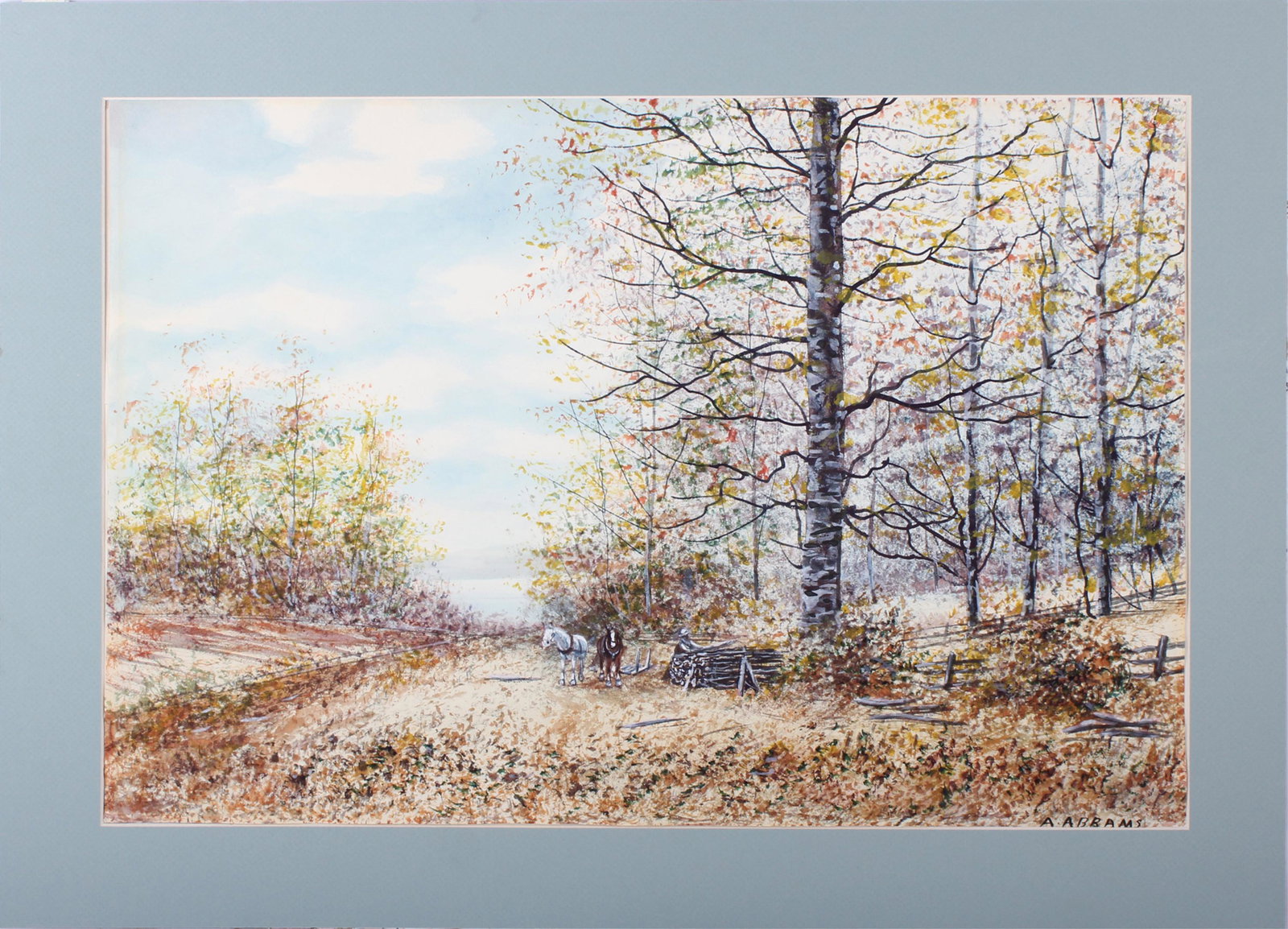 A. ABRAMS ORIGINAL SIGNED WATERCOLOR AUTUMN TREES: A. ABRAMS ORIGINAL SIGNED WATERCOLOR AUTUMN TREES A. Abrams signed watercolor of a man with 2 horses constructing a wooden structure surrounded by birch trees in Autumn. Signed lower right. Size: 22 X