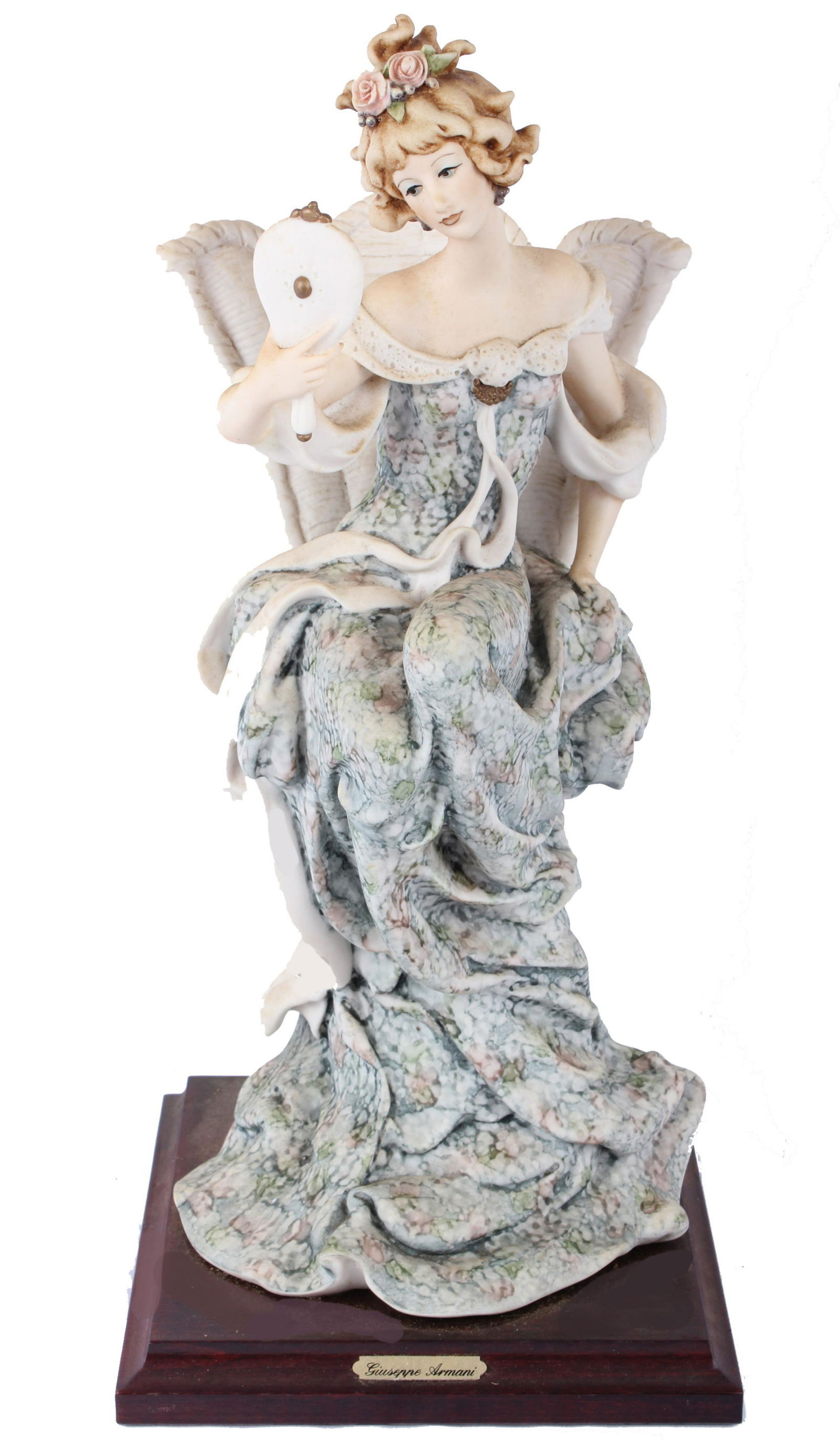 GIUSEPPE ARMANI LADY WITH A HAND MIRROR 951C: GIUSEPPE ARMANI LADY WITH A HAND MIRROR 951C Giuseppe Armani Capodimonte sculpture " Lady With a Hand Mirror" #951C. Depicts a Lady Gazing into a Hand Mirror Seated in High Back Chair. Size: 13.25"