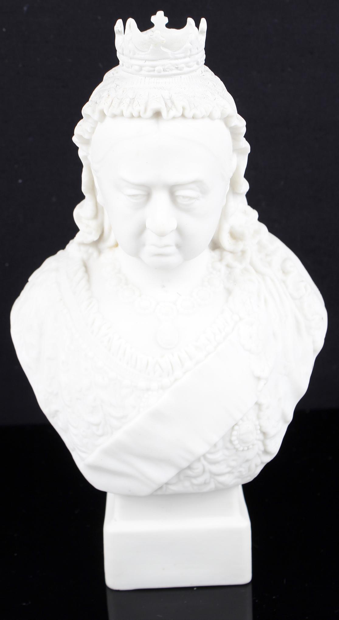 ROBINSON & LEADBEATER QUEEN VICTORIA PARIAN BUST: ROBINSON & LEADBEATER QUEEN VICTORIA PARIAN BUST A scarce, good quality Parian marble bust of Queen Victoria by Robinson and Leadbeater of London, manufactured to celebrate the 60th anniversary of Vic
