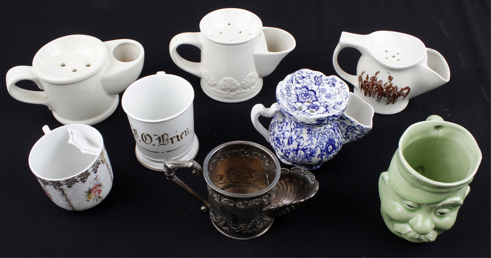 COLLECTION OF PORCELAIN SHAVING MUGS - LOT OF 8: COLLECTION OF PORCELAIN SHAVING MUGS - LOT OF 8 A collection of 8 antique and vintage shaving mugs and one mustache mug, comprising a 19th Century blue and white mug by James Foley of Staff ordshire E