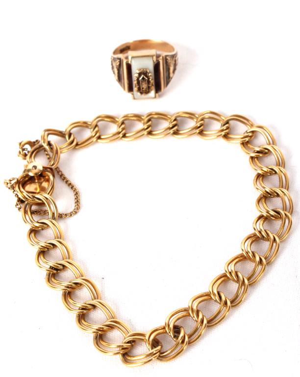 LADIES 10K YELLOW GOLD CLASS RING & GF BRACELET: LADIES 10K YELLOW GOLD CLASS RING & GF BRACELET Ladies 10k yellow gold Leon High School class ring and 12KGF charm link bracelet. Weight: 5.0 grams (ring) Size: 5.25