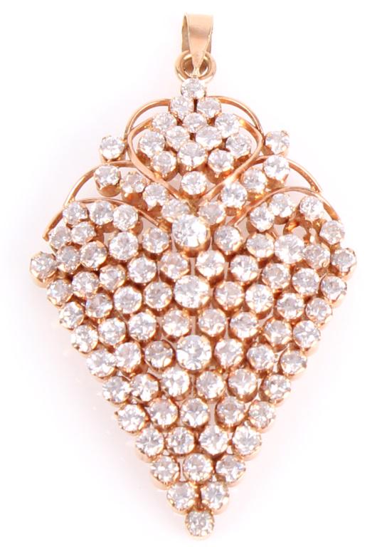 LADIES 8K ROSE GOLD CUBIC ZIRCON PENDANT: LADIES 8K ROSE GOLD CUBIC ZIRCON PENDANT Ladies 8k rose gold pendant featuring a cascade of white cubic zircon in elegant setting. Weight: 10.0 gramsSize: 2"