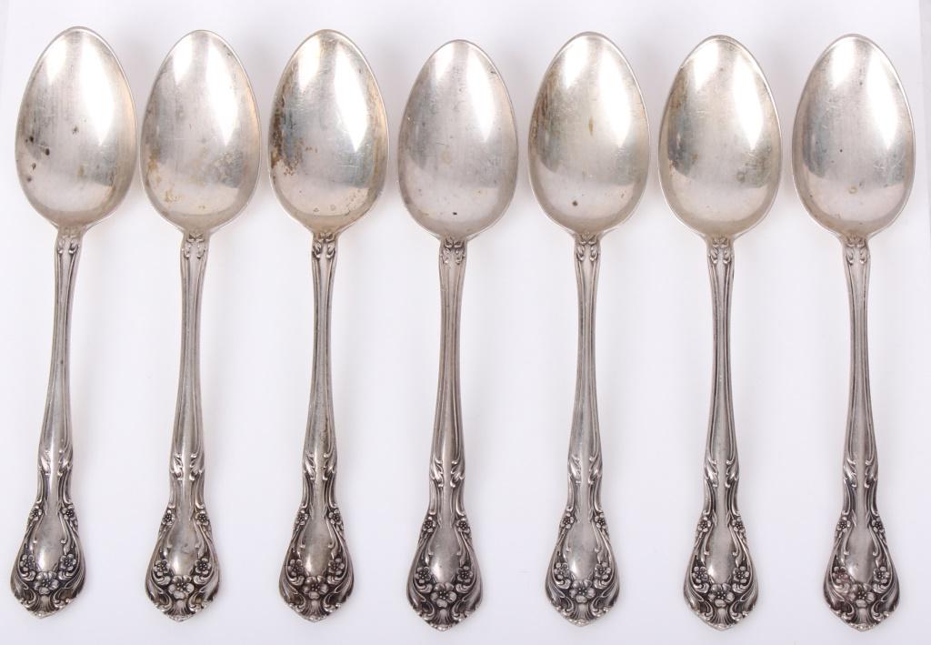 ALVIN STERLING SILVER CHATEAU ROSE TEA SPOONS - 7: ALVIN STERLING SILVER CHATEAU ROSE TEA SPOONS - 7 Set of seven sterling silver tea spoons by Alvin in the famous "Chateau Rose" pattern. Weight: 181 grams Size: 6.5"