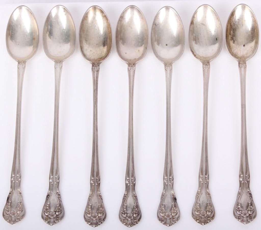 ALVIN STERLING SILVER CHATEAU ROSE ICED TEA SPOONS: ALVIN STERLING SILVER CHATEAU ROSE ICED TEA SPOONS Set of seven sterling silver long iced tea spoons by Alvin in the famous "Chateau Rose" pattern. Weight: 199 gramsSize: 7.5"