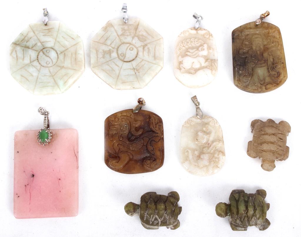 CHINESE ASSORTED STONE PENDANTS - LOT OF 10: CHINESE ASSORTED STONE PENDANTS - LOT OF 10 Chinese assorted stone pendants - lot of 10, to include; 3 carved soapstone turtles, 2 carved Yin and Yang stone pendants, 2 carved soapstone dragon pendant