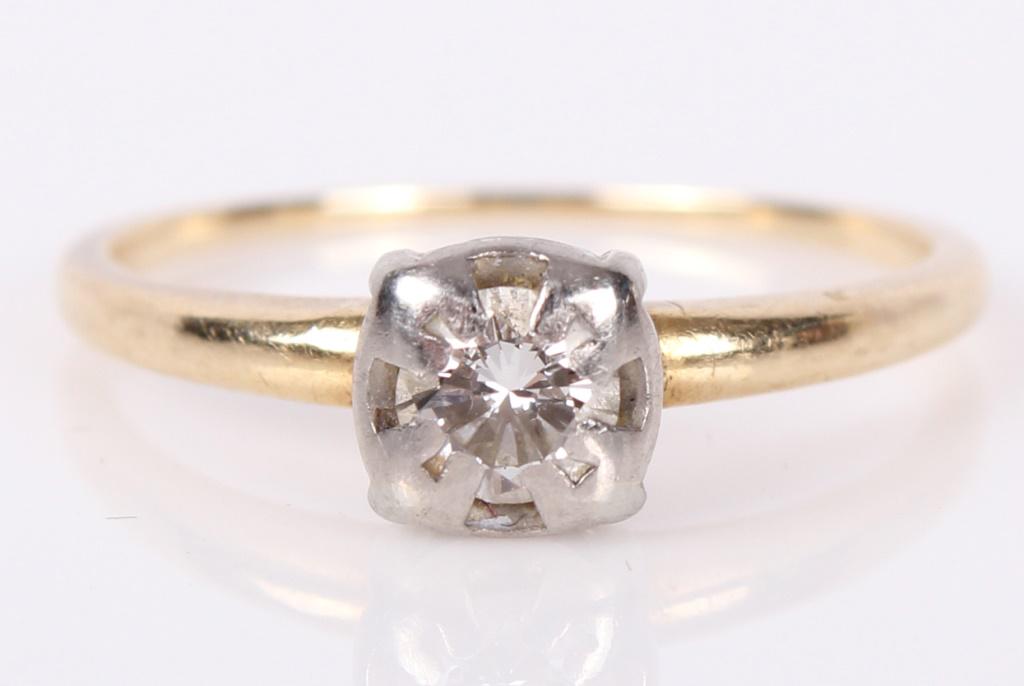 14K YELLOW GOLD LADIES DIAMOND SOLITAIRE RING: 14K YELLOW GOLD LADIES DIAMOND SOLITAIRE RING 14K yellow gold ladies solitaire ring with 0.15CT diamond. Weight: 2.0 Grams Size: Size 6.75 Ring
