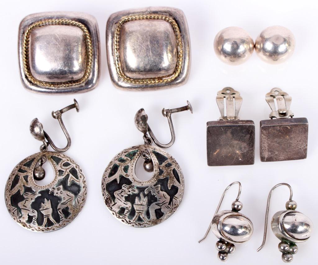 CENTRAL AMERICAN STERLING SILVER EARRINGS - 5 PAIR: CENTRAL AMERICAN STERLING SILVER EARRINGS - 5 PAIR Central American sterling silver earrings. 5 pairs to include one Guatemalan pair with depiction of two individuals around a fire, one Mexican pair o