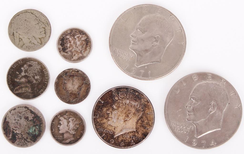 ASSORTED U.S. COIN LOT - MERCURY DIMES & OTHER: ASSORTED U.S. COIN LOT - MERCURY DIMES & OTHER United States coin lot to include 1 1974 Eisenhower dollar, 1 1971Eisenhower dollar, 1 1964 Kennedy half, 3 Mercury dimes, 2 buffalo nickels, 1 1962 Jeff