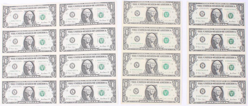 UNCUT SHEETS OF 2001 & 1988 1 DOLLAR BILLS - 3: UNCUT SHEETS OF 2001 & 1988 1 DOLLAR BILLS - 3 Uncut sheets of 2001 and 1988 1 dollar bills - lot of 3 to include one sheet with 4 1988 1 dollar bills, one sheet with 8 2001 1 dollar bills, and one sh