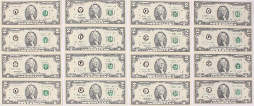 UNCUT SHEETS OF 1976 2 DOLLAR BILLS - LOT OF 4: UNCUT SHEETS OF 1976 2 DOLLAR BILLS - LOT OF 4 Uncut sheets of 1976 2 dollar bills - lot of 4, 4 bills on each sheet. 32 dollars face value.
