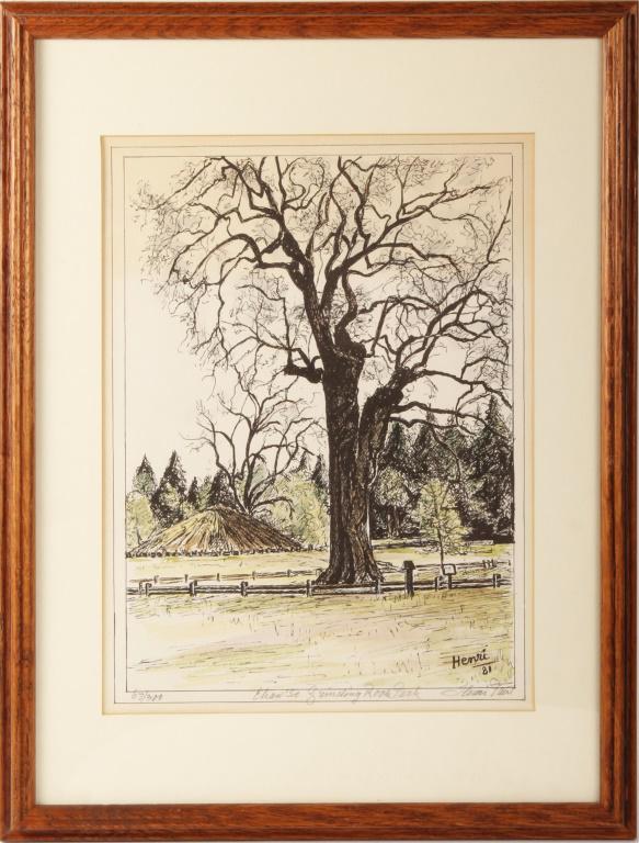 HENRI PAERL LIMITED ED. PRINT CHAW'SE INDIAN PARK: HENRI PAERL LIMITED ED. PRINT CHAW'SE INDIAN PARK Henri Paerl (1921 - 2008, Holland) limited edition hand-colored print titled: "Chaw'se Grinding Rock park". Numbered lower left 67/300. Hand-signed an