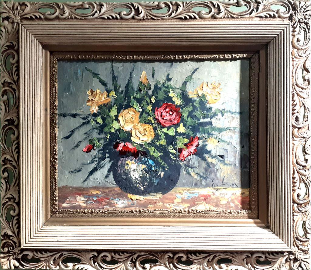 JOHN JOSEPH ENNEKING FLORAL STILL LIFE OIL PAINTING: JOHN JOSEPH ENNEKING FLORAL STILL LIFE OIL PAINTING John Joseph Enneking (American, 1841-1916) floral Still Life original oil painting on canvas in carved wood frame. Size: 30.5 X 27"