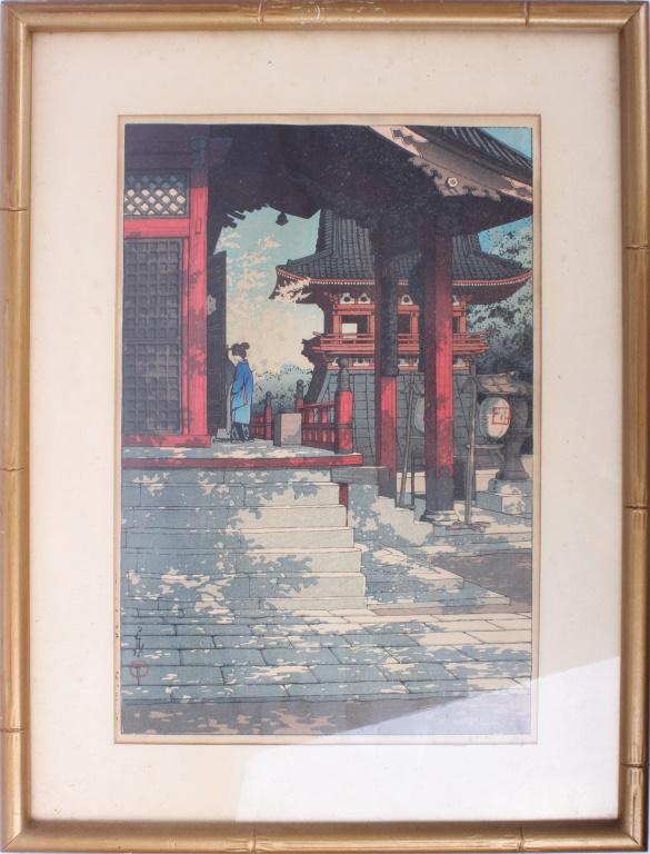 KAWASE HASUI JAPANESE WOODBLOCK PRINT: KAWASE HASUI JAPANESE WOODBLOCK PRINT Kawase Hasui (May 18, 1883 – November 7, 1957, Japanese) woodblock print hand signed and titled "Fudô Temple in Meguro".. He was one of the most prominent Japa